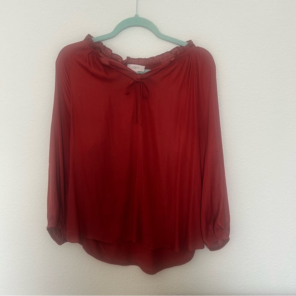 LOFT Medium Red Blouse with Tied Bow Ruffled Neckline, Bubble Ruffle Sleeves